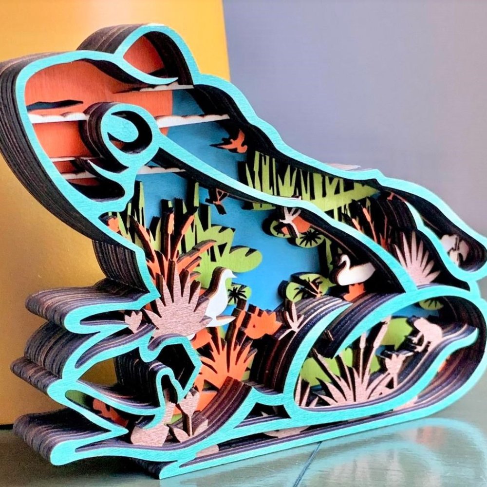 Great Detail Amphibian Frog Froggy Pond Wood Multi-Layer 3D Shadow Box Diorama